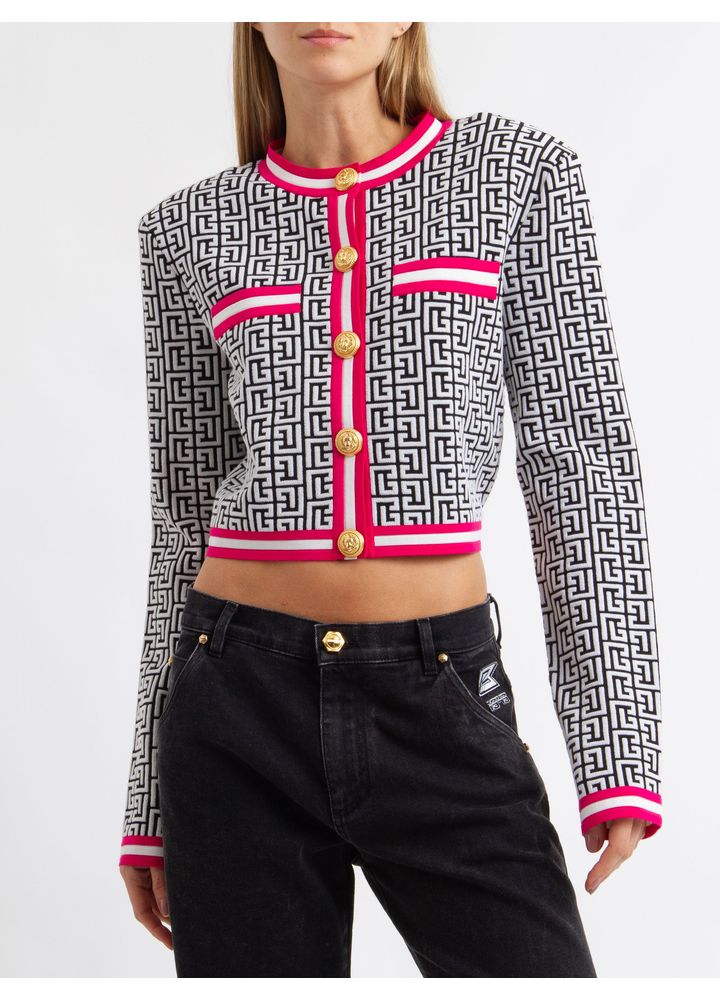 YF2KL003KB02EEB-CARDIGAN-MONOGRAM-CROPPE-BLACK-WHITE-FUSHIA