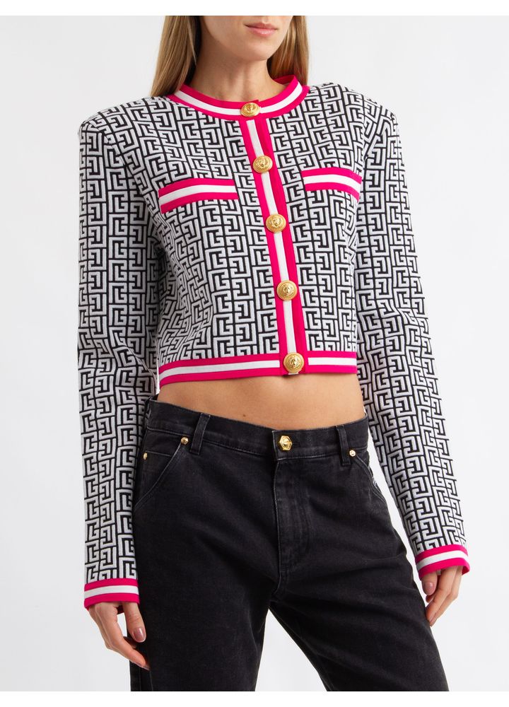 YF2KL003KB02EEB-CARDIGAN-MONOGRAM-CROPPE-BLACK-WHITE-FUSHIA